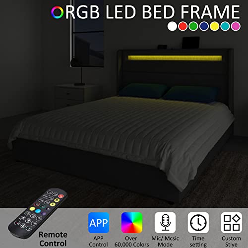 Queen LED Bed Frame with Wingback Headboard, Upholstered Platform Bed with 4 Storage Drawers & Charging Station, App/Remote Control, Box Spring Optional, Dark Grey…