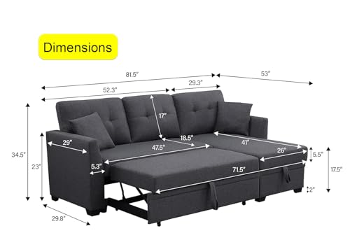 Small Sleeper Sofa, Sofa Bed Couch with Pull Out Couch Reversible Sleeper Sectional Sofa with Storage, L Shaped Chaise Sleeper Sofa, 81" Sleeper Couch in Grey