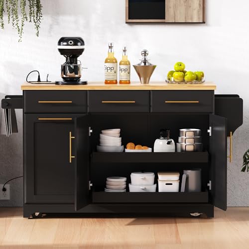 Rolling Kitchen Island with Drop Leaf & 2 Pull Out Cabinet Organizers,59.3" Stationary Kitchen Cart with Trash Can Storage,Power Outlet,Spice & Towel Rack,3 Drawers Island Table for Kitchen,White
