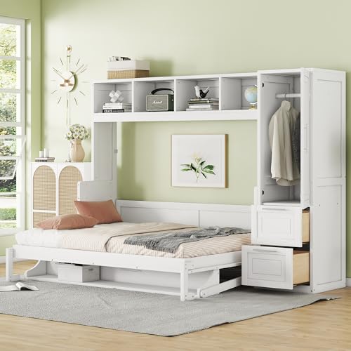 P PURLOVE Full Size Murphy Bed,Solid Wood Cabinet Bed,Folding Murphy Wall Bed with Closet and Drawers,White