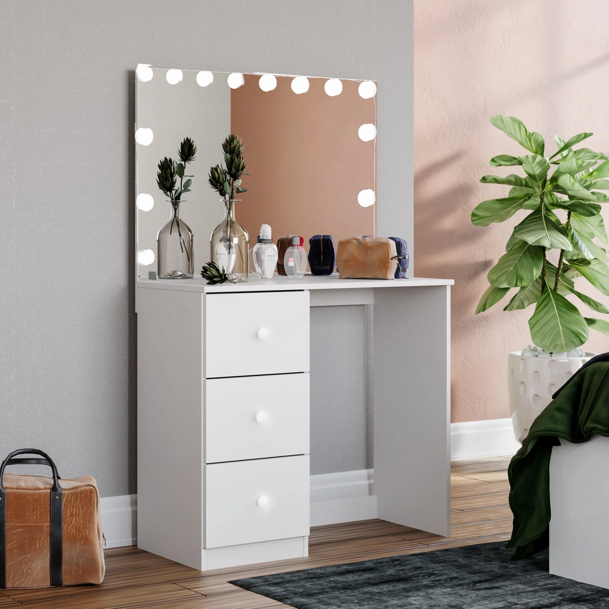 Boahaus Amelia Modern Vanity Table with Light Bulbs 3 Drawers Wide Mirror White Painted for Bedroom