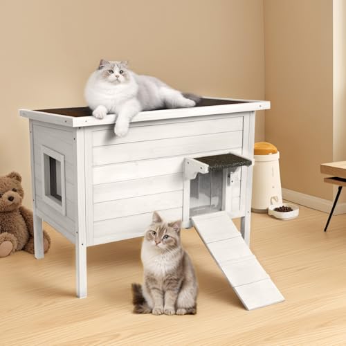 BRIOPAWS Outdoor-Cat-House-Insulated | Feral-Cat-Shelter for Winter | Weatherproof | Large Wooden Pet House for Multiple Cats | Foldable Ladder | Acrylic Side Window | Grey