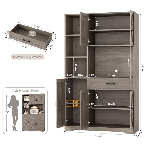 HOSTACK 71" Tall Kitchen Pantry Storage Cabinet, Farmhouse Food Pantry Cabinet with Microwave Stand, Barn Doors Kitchen Hutch with Large Drawer and Shelves for Dining Room, Ash Grey