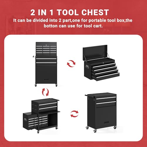 Tool Chest,5-Drawer Rolling Tool Storage Cabinet with Enhanced Packaging, Detachable Top Tool Box, Metal Tool Cart for Garage Workshop,Black, ATC001BK