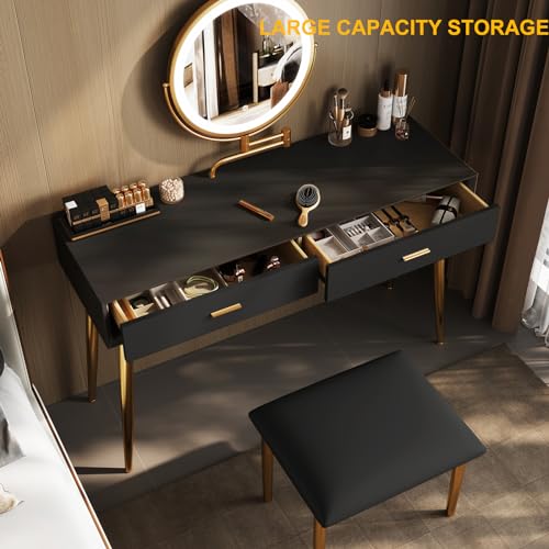 Vanity Desk Set with 360° Rotating Mirror and Lights, Small Makeup Vanity with Microfiber Leather, Vanity Table with 3 Lighting Modes, 2 Drawers, Stool - 31.5in Black