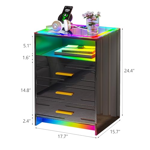 HNEBC RGB LED Nightstand with Wireless Charging Station, Smart Night Stand with 3 Drawers and Sliding Tray, Modern Bedside Table for Bedroom Furniture, High Gloss End Sofa Tables (B Black)