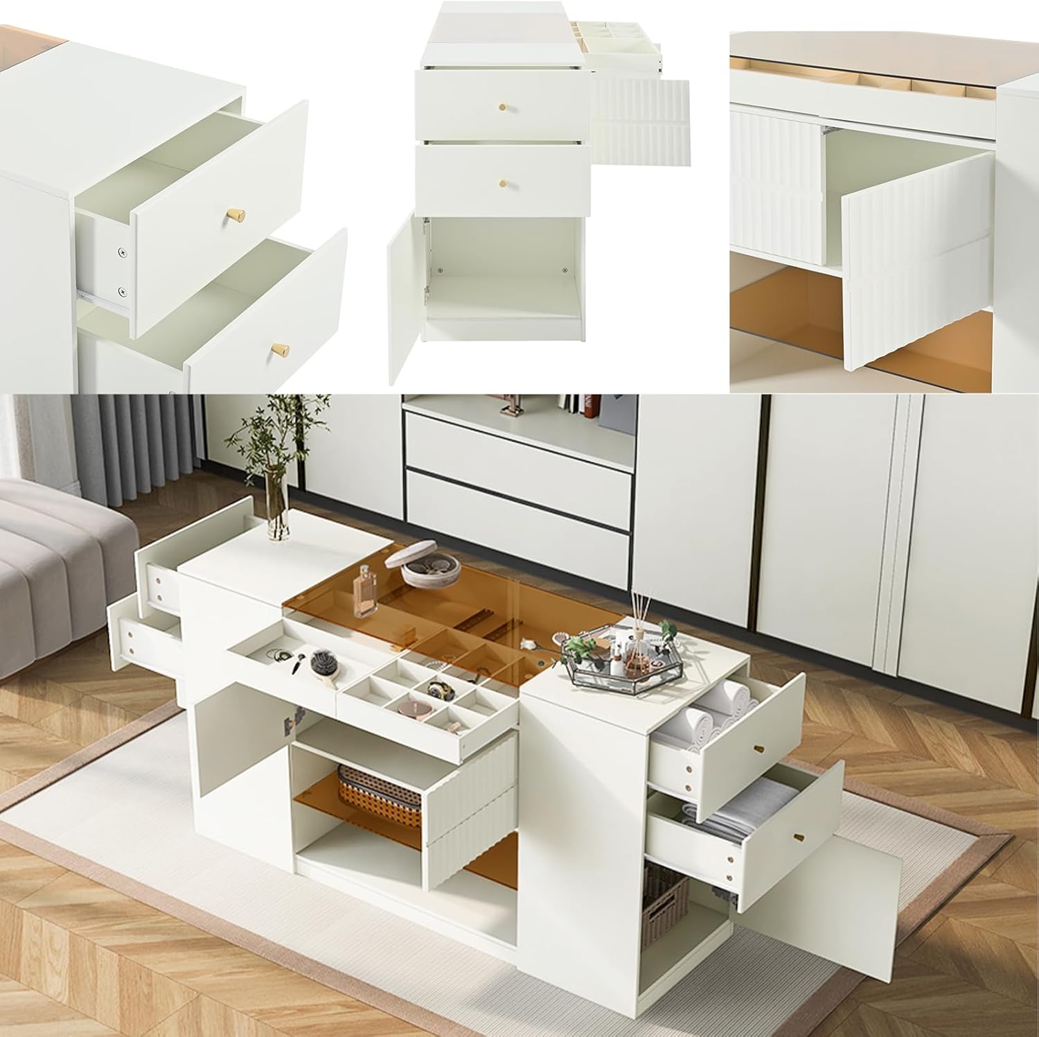Wardrobe Armoire Bedroom Island with Glass Top, Closet Island with 6 Drawers, 3 Cabinets, Glass Display Shelf Island Dresser Wooden Closet Storage Cabinet for Walk-in-Wardrobe Bedroom Shops
