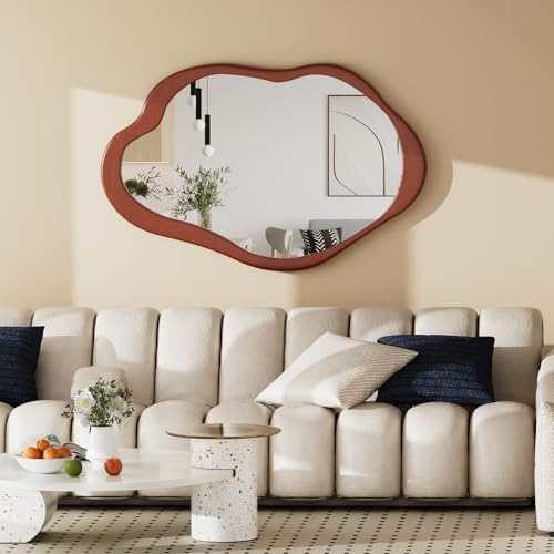 42"x 28" Irregular Wall Mirror, Wood Black Framed Wall Mirror, Asymmetrical Wall Wavy Mirror for Living Room Bedroom Entryway Bathroom Modern Decorative Cloud Mirror Hanging Hooks