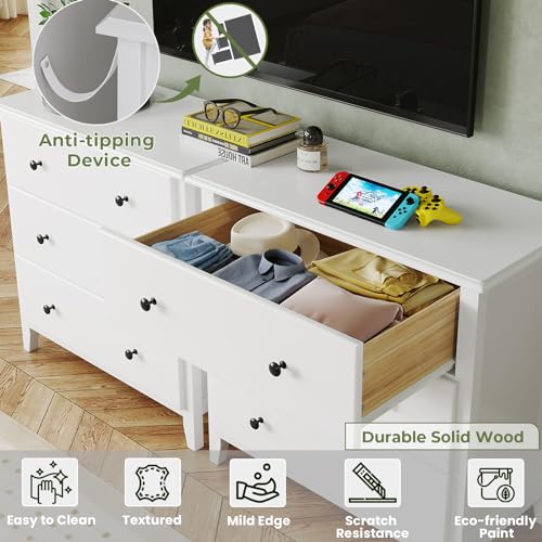 Hasuit White Dresser for Bedroom, 55.3'' Long Dresser Chest of Drawers, Large Capacity 6 Drawer Double Dresser, Solid Wood Storage Cabinet for Living Room, Hallway