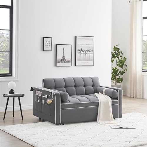 Sleeper Sofa Couch w/Pull Out Bed, 55" Modern Velvet Convertible Sleeper Sofa Bed, Small Love seat Sofa Bed w/Phone Holder & Pillows & Side Pockets for Small Space, Living Room, Apartment,Gray
