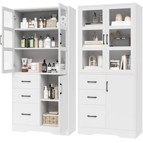 HIFIT 2 Pack Tall Bookshelves and Bookcases with Glass Display Cabinet Doors and 3 Drawers, Floor Standing Wood Storage Cabinet with Shelves, Modern Cabinet for Home Office, Living Room, Study, Black