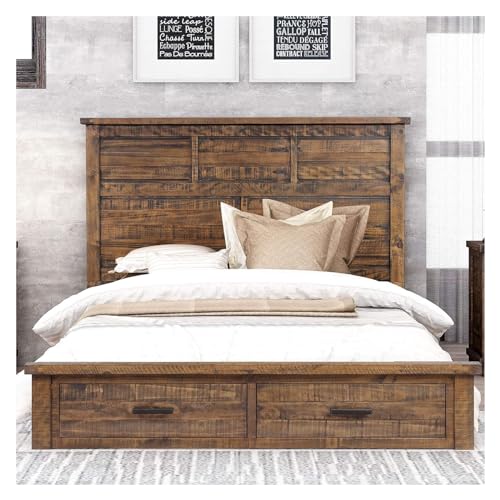 Solid Queen Bed Frame with 2 Storage Drawers, Queen Size Platform Bed Frame with High Headboard, Queen Bed with Wooden Support Legs Compatible with Teens Adults, Natural Bedroom Bed Frame,