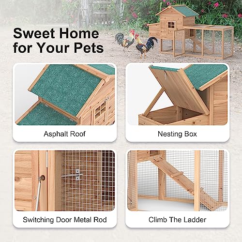 Outdoor Chicken Coop for 2-4 Chickens Wooden Hen House Poultry Pet Hutch Run Cage w/Waterproof Asphalt Roof, Ramp, Nesting Box, Wire Fence (80")