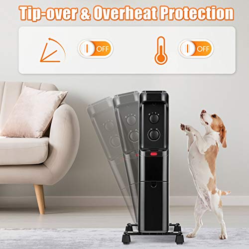 GOFLAME 1500W Oil Filled Radiator Heater, Electric Space Heater with 3 Heating Modes, Adjustable Thermostat, Tip-Over & Overheat Protection, Powerful Oil Heater for Home and Office