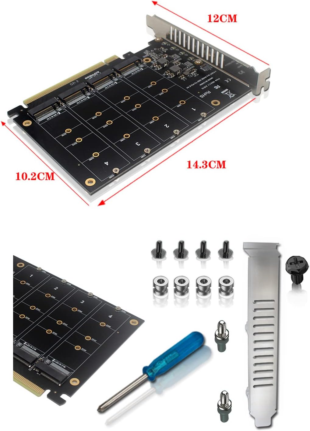 Gegong 4 Port NVMe to PCI-e Host Controller Expansion Card, Support 2230 2242 2260 2280?M.2 NVME to PCIe X16 Adapter, M Key Hard Drive Converter Reader Expansion Card Pack of 2