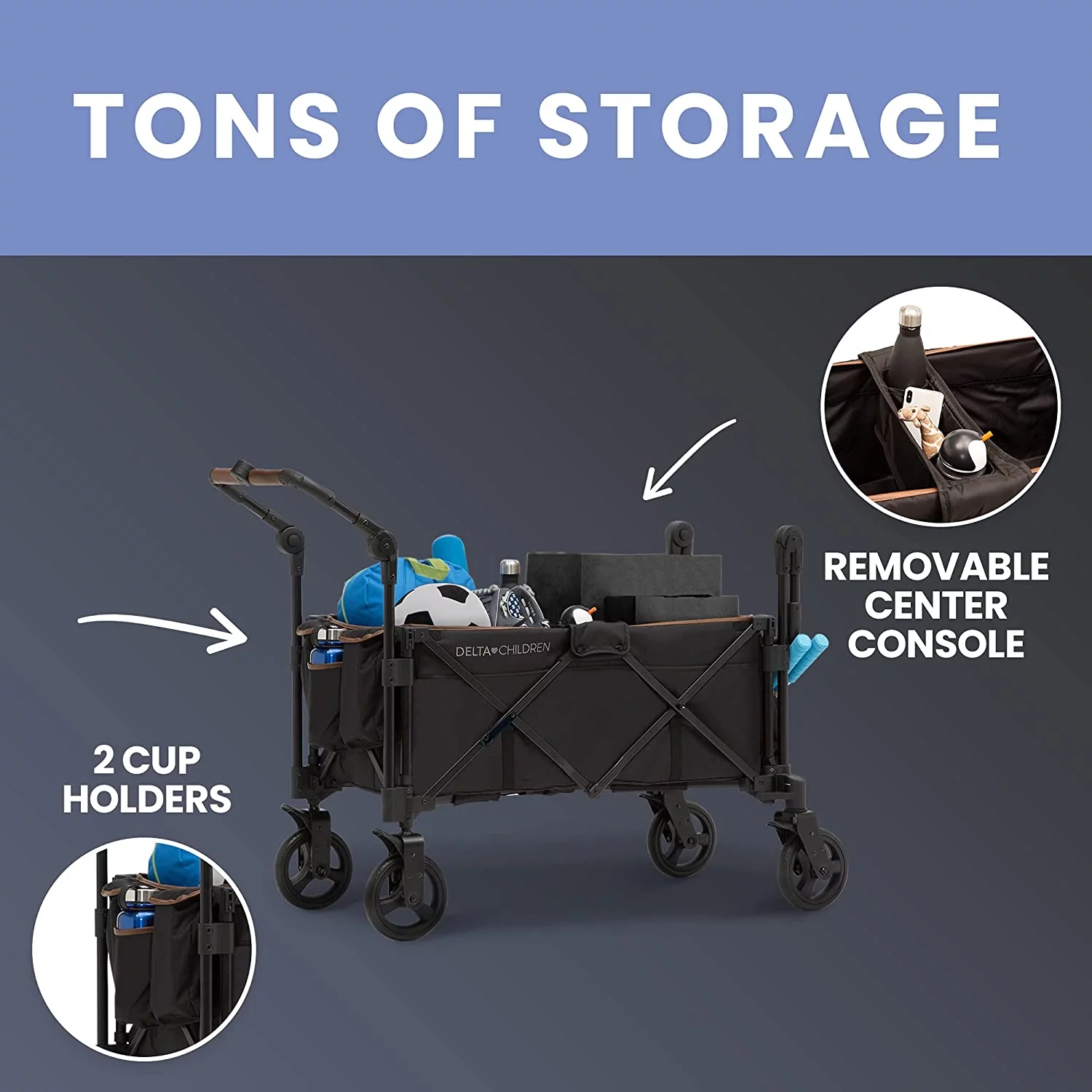 Delta Children Hercules Stroller Wagon for 2 Kids Versatile Stroller Wagon with Canopy, Push/Pull Handles, Cup Holders and Storage Pockets Compact Fold is Great for Travel, Black
