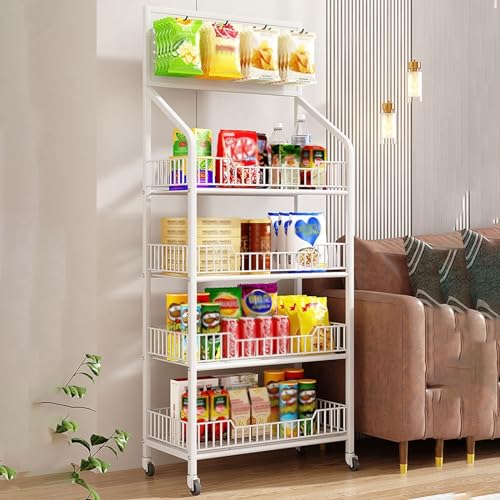 Supermarket Display Shelf 4 Layer Snack Shelf Organizer, Rolling Fruit Vegetable Display Rack for Supermarket with Wheels and Hooks, for Kitchen Retail Grocery Stores and Farmers Markets, White Black