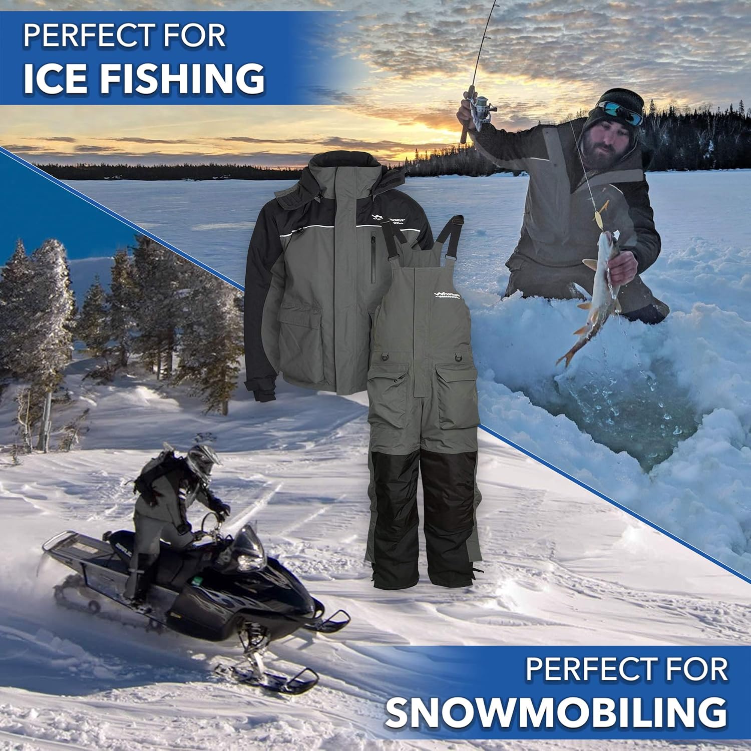 WindRider Ice Fishing Suit Insulated Bibs & Jacket Flotation Tons of Pockets Waterproof Gear for Ice Fishing and Snowmobiling