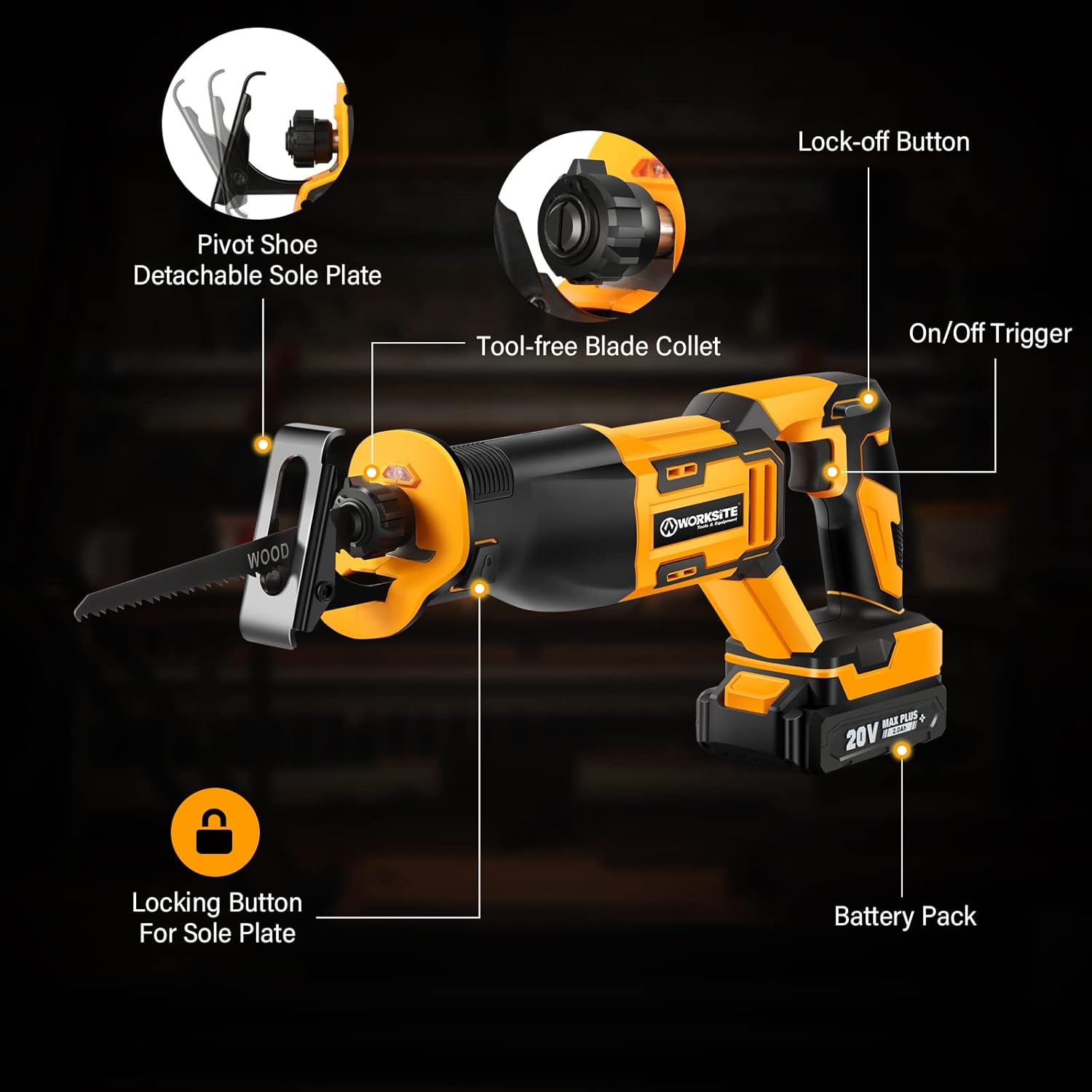 WORKSITE Reciprocating Saw, 20V Cordless Reciprocating Saw w/2.0Ah Battery & 1-Hour Fast Charger, 0-3000 SPM Variable Speed Trigger, 6 Saw Blades for Wood/Metal/PVC Pipe Cutting
