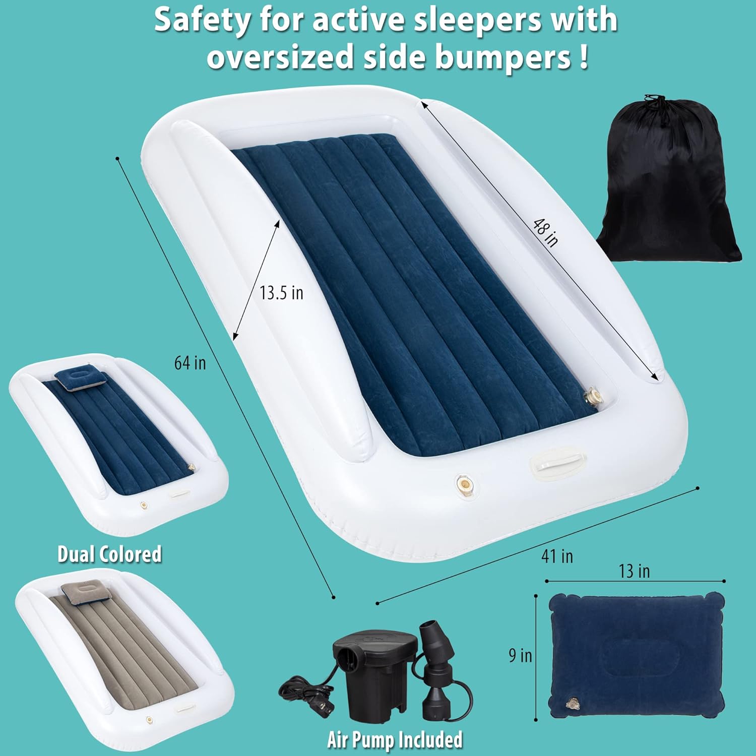 Toddler Travel Bed Portable - Kids Portable Travel Beds - Inflatable Kids Travel Bed for Camping - Blow Up Bed for Kids and Toddler - Portable Inflatable Travel Bed for Kids with Safety Bumper Sides