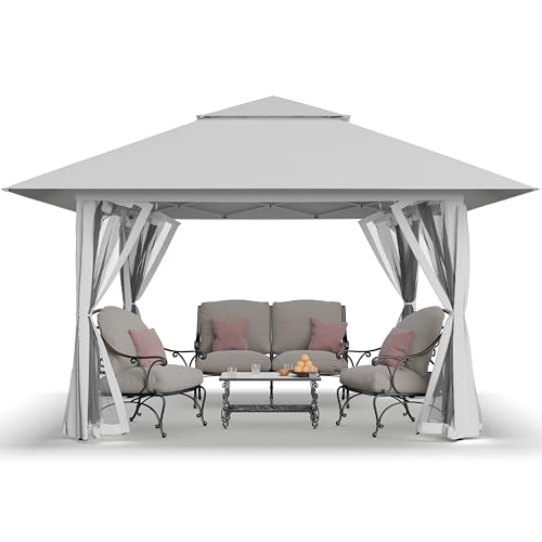 CROWN SHADES 13x13 Pop Up Gazebo, Canopy Tent, Gazebos on Clearance - Outdoor Gazebo for Backyard & Patio Furniture - Carpa Pop Up Tent with Wheeled STO-N-Go Cover Bag (Grey)