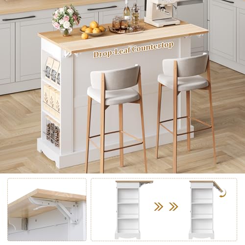 Kitchen Island with Storage, Kitchen Cart with Drop Leaf Countertop, Island Table with Open Spice Rack, 2 Drawers & Pull-Out Slim Bar Cart, White