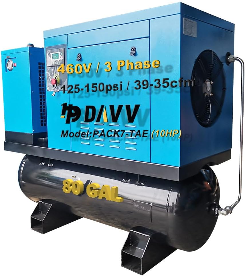 460V 3-Phase Rotary Screw Air Compressor With ASME Tank & Refrigerated Dryer - 10HP/7.5KW - 40CFM/125PSI - 80 Gallon ASME Tank Industrial Air Compressed System Base Mounted Pack7-TA46