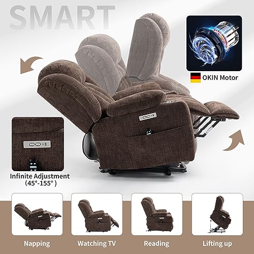 2024 Power Lift Recliner Chair with Full-Body Massage and Heat for Elderly, Hand Remote Control, Upgraded OKIN Motor, Extended Footrest, USB Ports, Stainless Steel Cup Holders, Chenille Grey