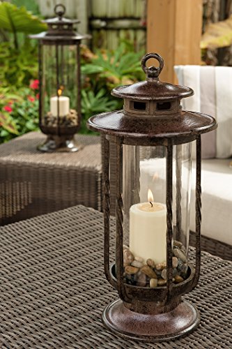 H Potter Large Decorative Hurricane Lantern Glass Candle Holder Cast Iron Rustic Indoor and Outdoor Light with Powder Coat Finish Centerpiece for Home Wedding Farmhouse Decor