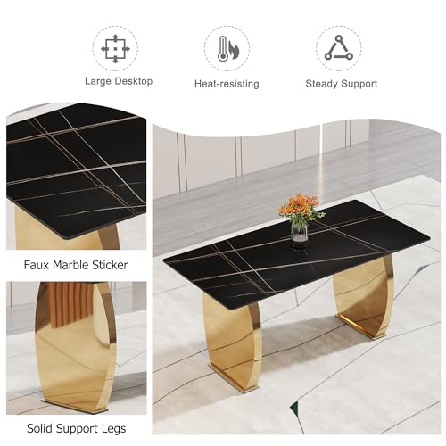 63" Luxury Black Sintered Stone Dining Table Room Sets for 6,Modern Dining Table sets for 6,Black Dining Table with Stainless Steel Golden Legs with 6 PU leather Dining Chairs for Kitchen