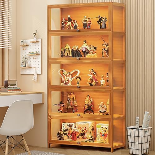 68” Curio Display Cabinet, 5 Tier Storage Cabinet with Acrylic Glass Door, Collectibles Toy Organizers Rack & Display Shelf, Kids Bookcase for Living Room, Toddler's Room, Bamboo (Wooden flip door)