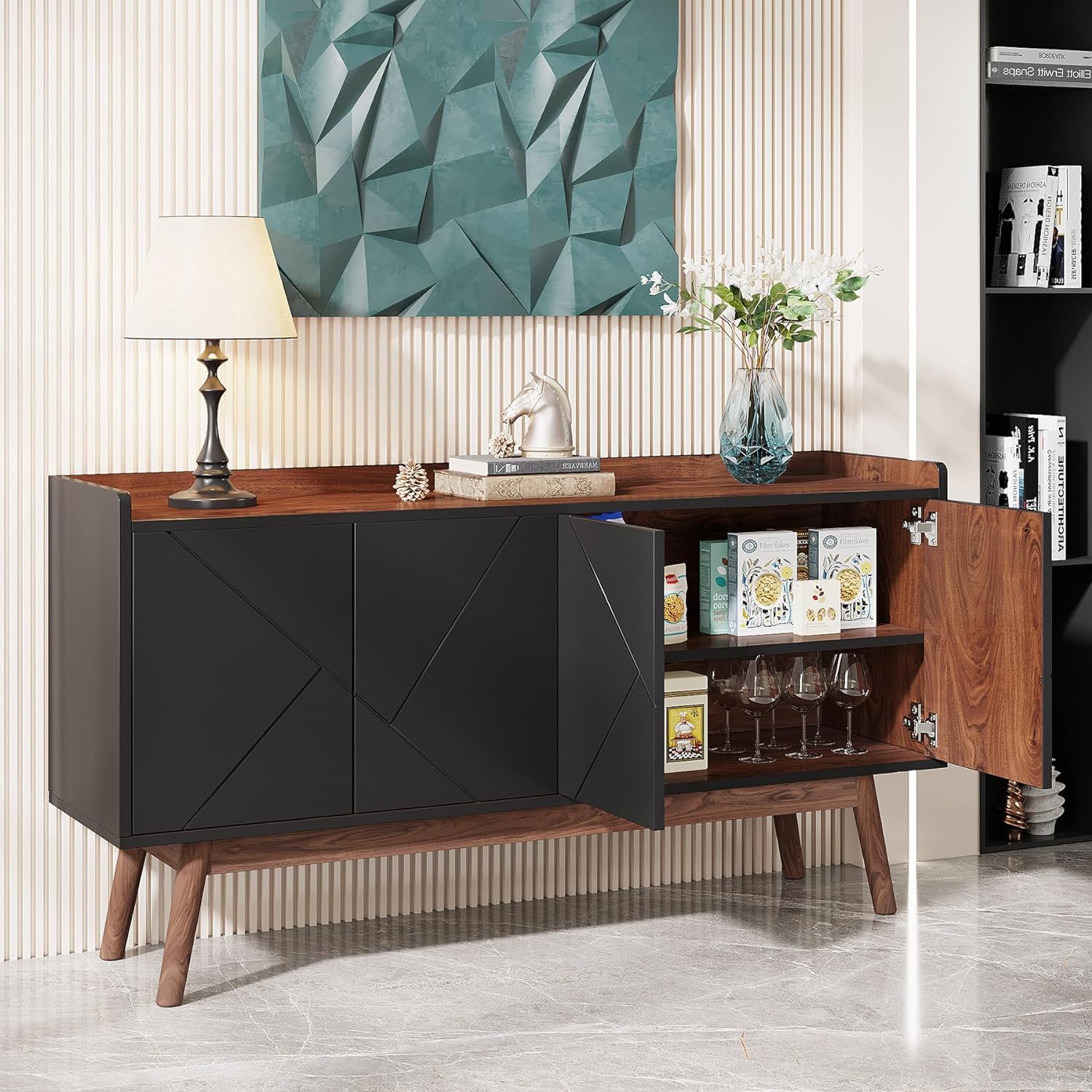 Tribesigns Sideboard Buffet Cabinet with Storage 55" Kitchen Sideboard Cabinet, Wood Coffee Bar Cabinet with Doors, Accent Sideboard Cabinet, Console Table Cabinet for Dining Room Living Room, Black