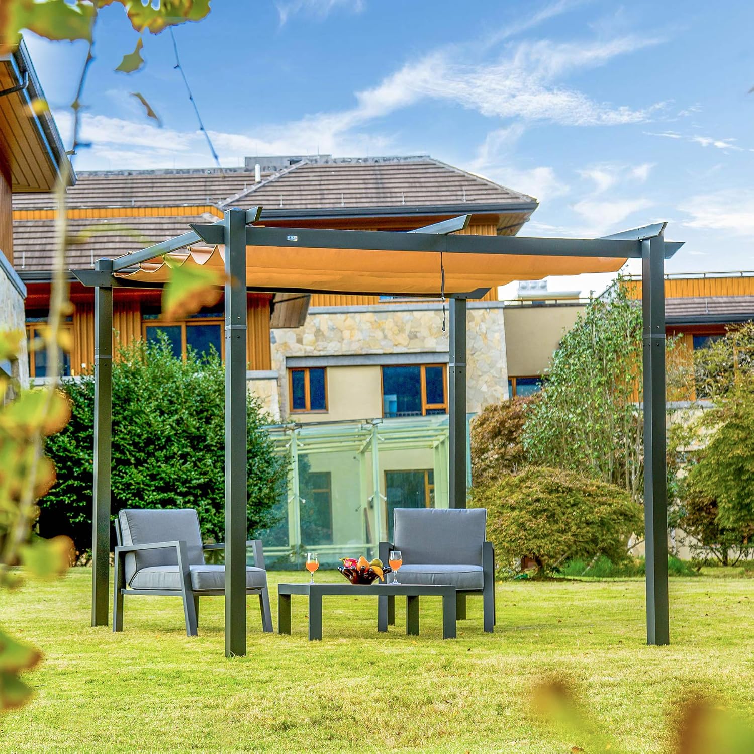 Outdoor Pergolas (2021 New) - Patio Aluminum Retractable Pergola Outdoor Gazebo Heavy Duty Grape Trellis Sunshade Canopy with Natural Wood Looking Finish by domi outdoor living (Martinique 10x13ft)