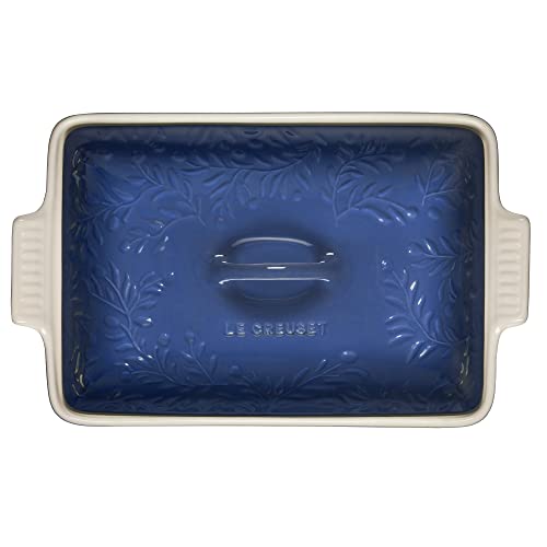 Le Creuset Olive Branch Collection Stoneware Heritage Covered Rectangular Casserole, 4 qt., Marseille with Embossed Lid