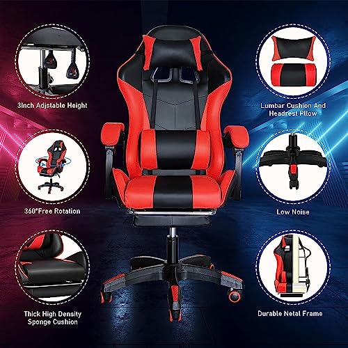 Gaming Chair, Ergonomic Computer Chair with Lumbar Support, Office Chair with Footrest, Swivel Chair Adjustable with Headrest, Red