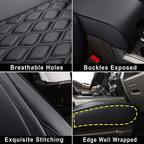Silverado Seat Covers Front & Rear Fit for Chevy Silverado GMC Sierra Pickup 1500 2014-2018, 2500HD 3500HD 2015-2019 Crew Double Extended Cab Leather Seat Cushion Cover (Full Set/Black)