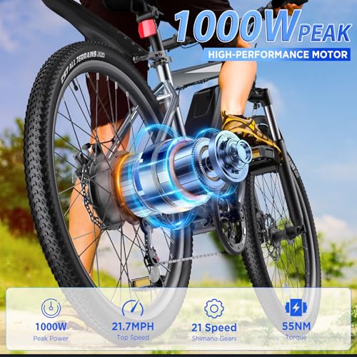 Electric Bike for Adults, 26'' 1000W Peak Ebike, Up to 50 Miles 21.7MPH Electric Mountain Bike with 48V 374.4WH Removable Battery, Adjustable Stem, Fenders, Lockable Suspension Fork, 21-Speed