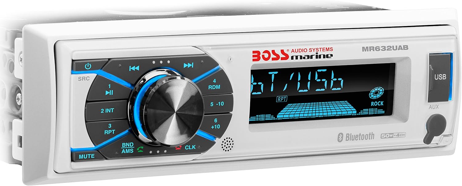 Boss Audio Systems MR632UAB Marine Receiver �C Weatherproof, Bluetooth Audio and Hands-Free Calling, USB, MP3, AM/FM, Aux-in, No CD Player, RGB Multi-Color Illumination, Detachable Front Panel, white