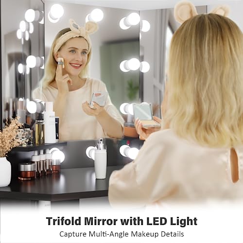 Corner Vanity Makeup Desk with Lights - Pink Makeup Table with 3 Lighted Mirror 5 Drawers, Bedroom Small Vanity Desk with 3 Lighting Options and Storage Shelf, 44" Vanity for Women Girls