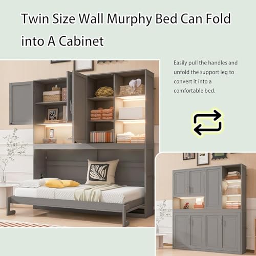 MERITLINE Twin Horizontal Murphy Bed with Storage Cabinet, LED Light and Charging Station,Wood Folding Murphy Wall Bed Cabinet with Bookcase and Shelves for Adult (White)