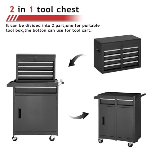 Tool Chest,5-Drawer Rolling Tool Storage Cabinet with Enhanced Packaging, Detachable Top Tool Box, Metal Tool Cart for Garage Workshop,Black, ATC001BK