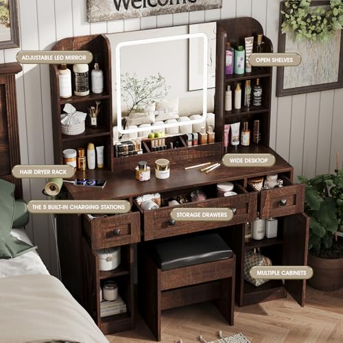 Vabches Makeup Vanity Desk, Vanity Mirror with Lights Desk and Chair,Makeup Table with 3 Large Drawers and 2 Cabinets, Time and Temperature Display, 3 LED Lighting Modes Adjustable, White