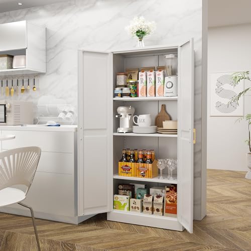 71" Tall Metal Storage Cabinet, Kitchen Pantry Storage Cabinets with Doors and 4 Shelves, White Pantry Cabinet, Utility Kitchen Cupboard, Large Steel Cabinets for Dining Room, Office, Living Room