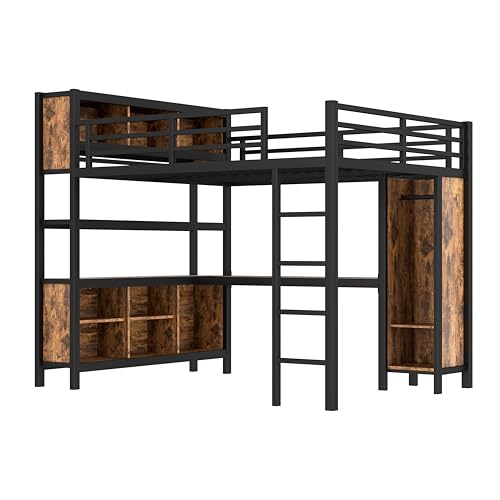 Linique Metal Loft Bed with Wardrobe & L-Shaped Desk - Sturdy Space-Saving Loft Bed Includes Storage Cubes, Shelves for Kids, Teens, Adults (White, Queen)