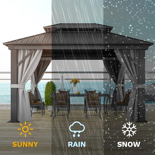 DWVO 10x12ft Hardtop Gazebo Double Roof with Nettings and Curtains, Heavy Duty Galvanized Steel Outdoor Vertical Stripes Roof for Patio, Backyard, Deck, Lawns, Brown
