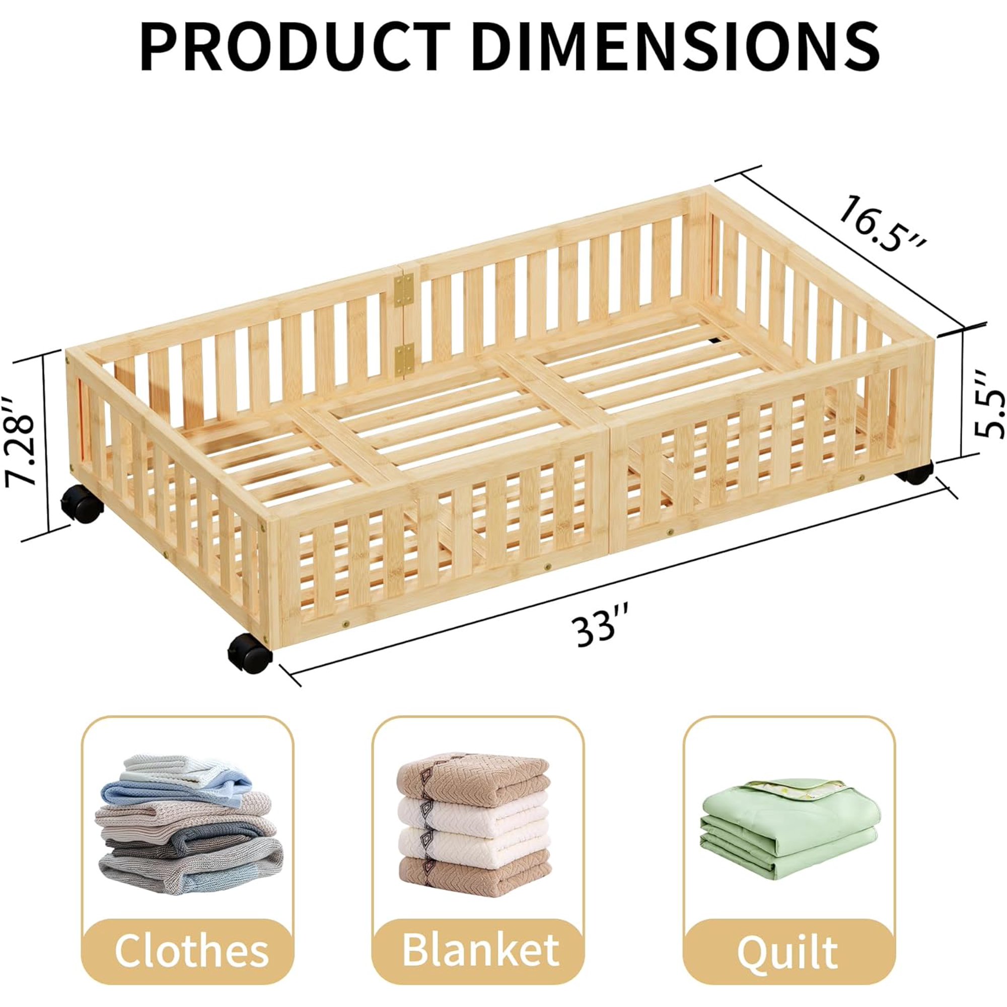 Bamboo Under Bed Storage with Wheels (2-Pack) – Rolling Underbed Shoe Organizer Box for Shoes, Blankets, Toys, Clothes Container Space-Saving Organizer Bins for Bedroom, Closet, Dorm, Nursery