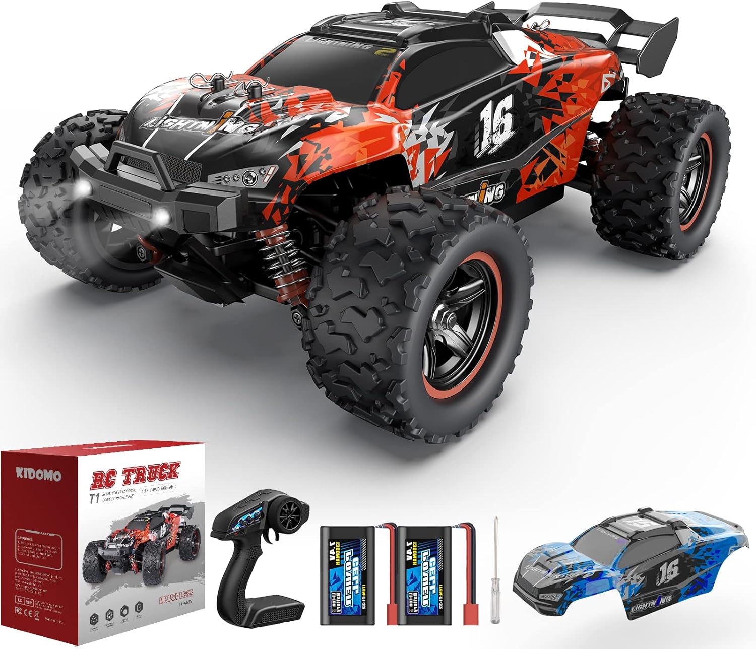 RC Truck 60 KM/H High Speed (1:18 Scale) - Brushless Offroad Remote Control Truck for Boys and Adults KIDOMO