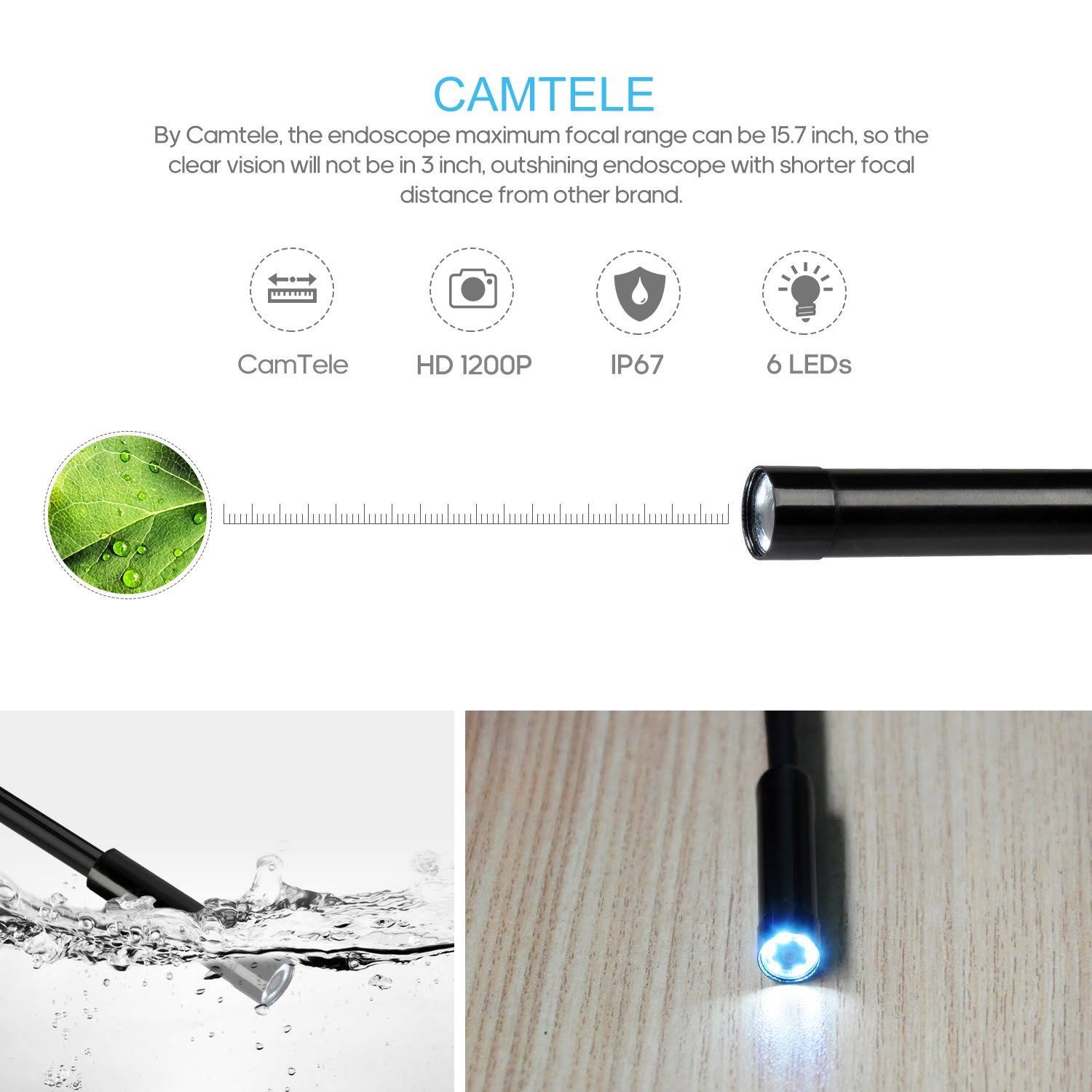 Depstech 1200P Semi-Rigid Wireless Endoscope, 2.0 MP HD WiFi Borescope Inspection Camera,16 inch Focal Distance & 1800mAh Batter