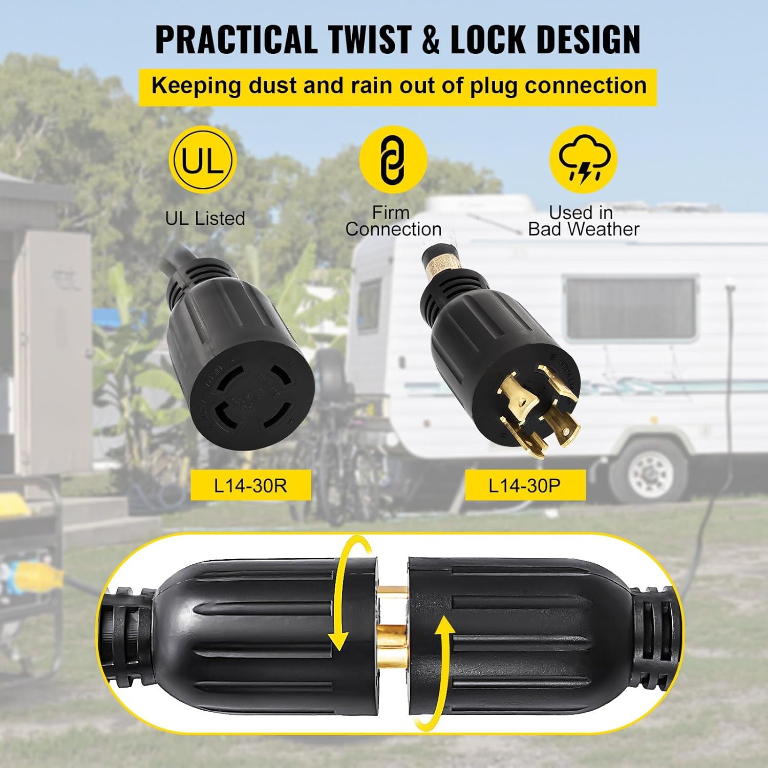 Generator Extension Cord 50Ft 30 Amp 4 Wire 10 Gauge 125V 250V Twist Lock Connectors - Ideal for Powering Generators