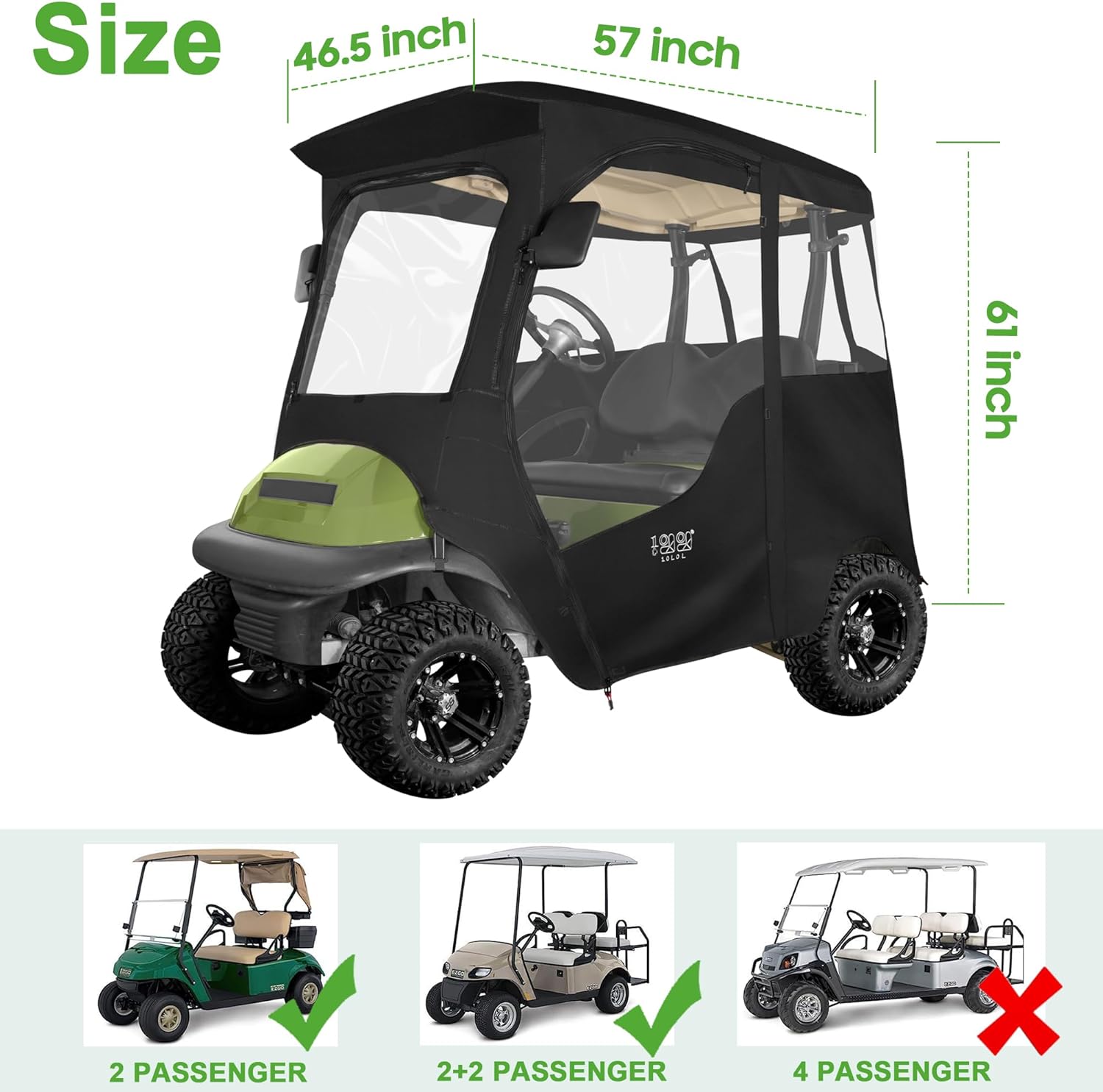 10L0L 800D Deluxe Golf Cart Enclosure 2 Passenger for Club Car Precedent, Onward & Tempo Golf Cart, 4 Sided Clear PVC Window with Security Side Mirror Openings and Zipper Entry Golf Cart Rain Cover